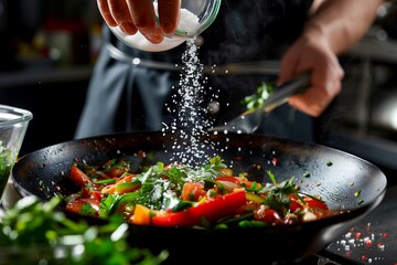 Hands of a male chef preparing green vegetables in a wok.Male chef's hands pour salt during cooking
