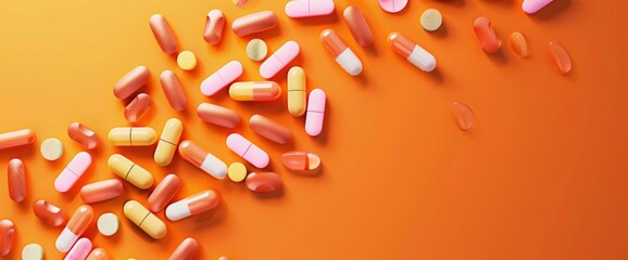 A Conceptual Design Of Pills On An Orange Background, Representing Antidepressants And The Cure For Illness,High Resolution, Ultra HD