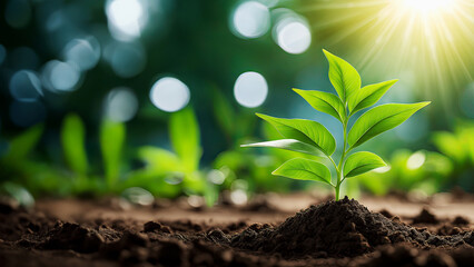The Sapling are growing from the soil with sunlight, AI generated	