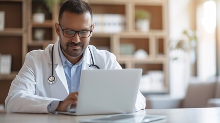 Fototapeta premium A polished, magazine-quality photo of a doctor engaged in a virtual consultation via a laptop, stylish composition, luxurious background, rich colors and textures