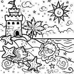 A cheerful scene of a beach with a sandcastle, palm trees, a smiling sun with sunglasses, and starfish friends enjoying the day