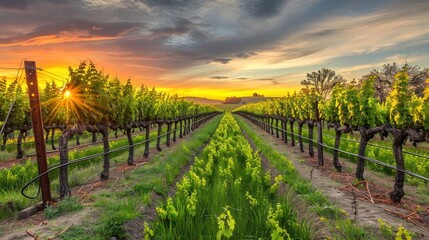 Fototapeta premium A vineyard with rows of vines and a sun shining on them