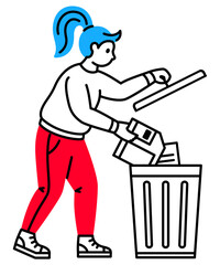 Woman throws floppy disk into a trash can