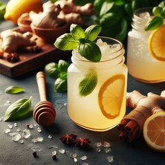 Refreshment organic non-alcohol cocktail. Honey ginger lemonade with a touch of basil flavor

