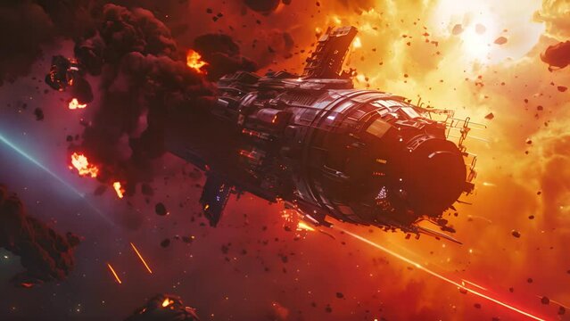 A spacecraft engulfed in fiery debris amidst chaos