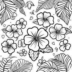 An intricate pattern of delicate black flowers and leaves on a white background, showcasing the beauty of nature in a minimalist style