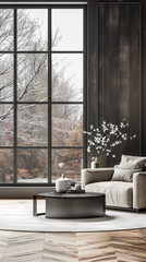 Obraz premium Luxury apartment interiors in dark contrasting colors with a a window, a coffee table and minimal furniture arrangements. Premium Real Estate property concept image.