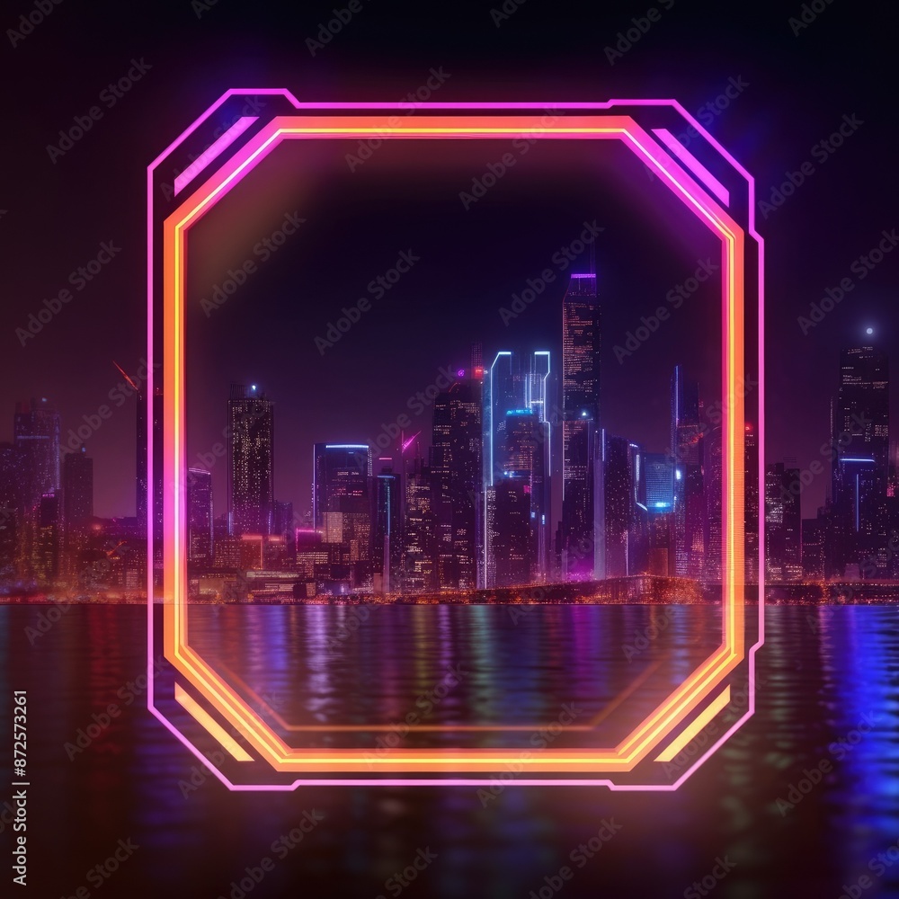Poster abstract picture of beautiful geometric shape portal with digital style neon light reflecting set ag