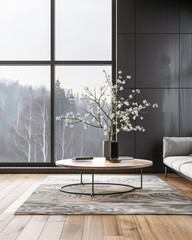Luxury apartment interiors in dark contrasting colors with a a window, a coffee table and minimal furniture arrangements. Premium Real Estate property concept image.