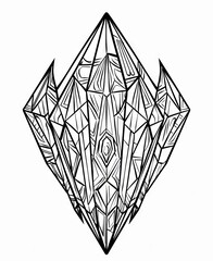 A single, intricately detailed crystal is rendered in black and white line art. Its multifaceted form creates a complex, visually interesting design