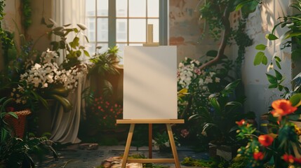 Wedding Sign on Easel in Floral Decorated Room, Ultra Realistic Style with Greenery, Subtle Colors