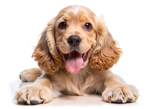 Adorable Coker Spaniel puppy reclines on its back, paws held up, tongue lolled out, its mouth, and sweet expression, against a pristine white background
