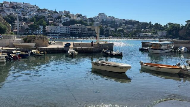 Boats in the harbor in Montenegro, Ulcinj town, Adriatic sea.