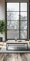 Fototapeta premium Luxury apartment interiors in dark contrasting colors with a a window, a coffee table and minimal furniture arrangements. Premium Real Estate property concept image.