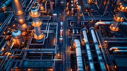 The intricate industrial heart of a bustling high capacity oil refinery   an expansive labyrinthine system of pipelines and valves captured from an aerial drone perspective featuring muted tones