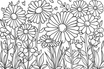 Obraz premium A charming black and white illustration of a garden filled with blooming daisies, each petal delicately drawn