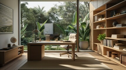 A home office with a view, featuring a desk by the window and modern decor