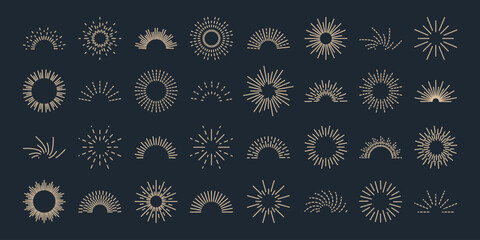 Set vintage sunburst. Bursting rays sunrise firework.