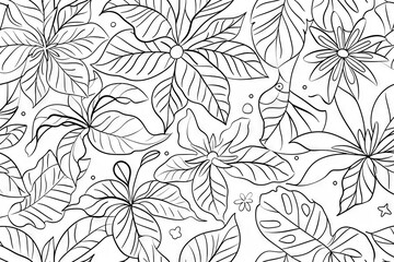 A delicate black and white drawing of intricate leaves and blooming flowers, creating a beautiful and intricate floral pattern