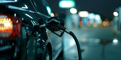 Fototapeta premium Nighttime Scene Car Refueling at Gas Station with City Lights. Concept Nighttime Scene, Car Refueling, Gas Station, City Lights, Urban Environment