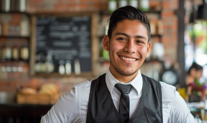 Fototapeta premium A cheerful young Latin waiter works in a busy city restaurant and bar.