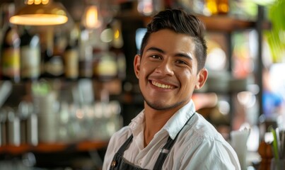 Fototapeta premium A cheerful young Latin waiter works in a busy city restaurant and bar.