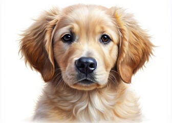 Adorable golden retriever puppy portrait painting in watercolor style, featuring a sweet-faced canine with fluffy fur, isolated on a transparent white background.