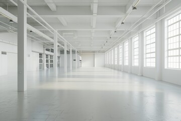 Empty modern white warehouse with a spacious interior and clean white background