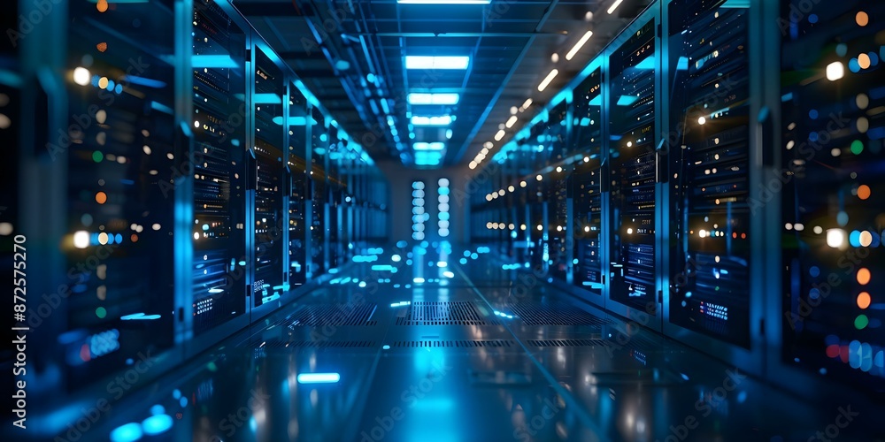 Poster digital communication hub server room providing internet connectivity and data access. concept data 