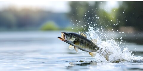 Obraz premium Impressive Catch A Large Black Bass Leaping Out of the River. Concept Fishing, Bass Fishing, River Adventure, Outdoor Excitement