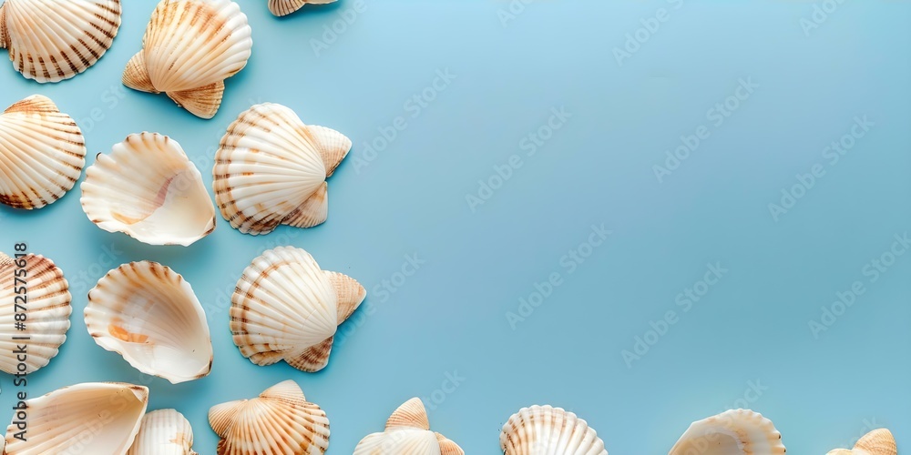 Aufkleber scallop shells arranged in a flat lay on a blue background with space for text. concept shell arrang