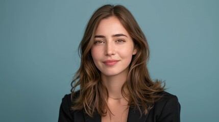 Fototapeta premium A headshot of a young, beautiful woman presenter with a solid color background, emphasizing her articulate expression and natural charisma