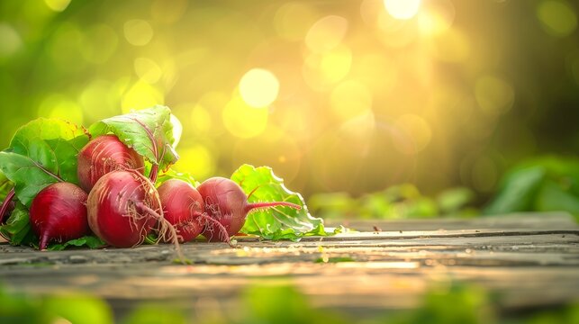 A bunch of red beetroots are on a wooden table, banner with copy space.