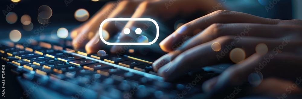 Poster hands typing on a laptop keyboard with a search icon overlay, symbolizing modern technology and inte