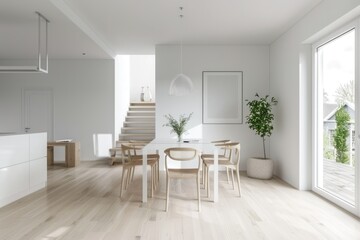 Modern white dining room with minimal decor, cozy seating, and natural light