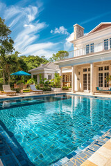 Beautiful home exterior with large swimming pool on a sunny day