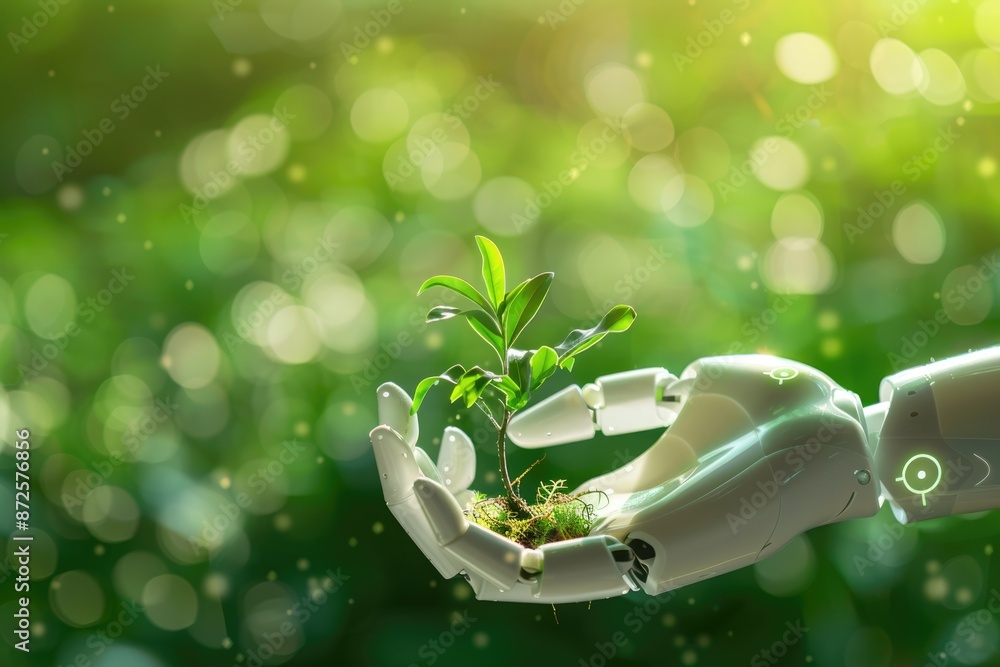 Poster a robot ai hand gently holding a small plant, with a green bokeh background and ample copy space. th