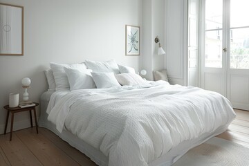 Fototapeta premium Minimalistic white bedroom with a clean-lined bed and white linens, showcasing serene and uncluttered design.