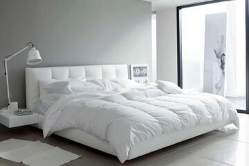 Modern minimal white bedroom with a sleek white bed frame and crisp white bedding.