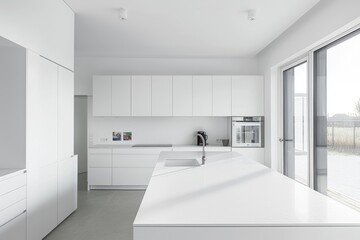 Minimalistic white kitchen featuring white countertops and cabinets, bathed in natural light.