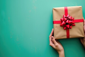 Hand presenting a wrapped present with a solid background, ideal for holiday or special occasion ads.