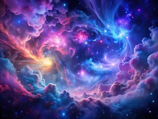 Obraz premium Vibrant, swirling clouds of purple, blue, and pink gas morph into stunning, intricate patterns against a deep, starry black background, evoking celestial wonder.