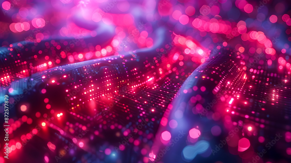 Poster interconnected futuristic cables pulsing with neon light representing a surreal technological enviro
