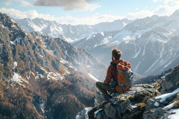 An adventurous traveler enjoys a moment of tranquility, seated on a mountain ledge, gazing out at the expansive mountain range, with ample space for custom text or branding.