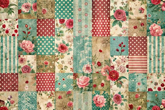 Whimsical distressed patchwork composition featuring eclectic mix of retro floral patterns, stripes, and polka dots on a worn, faded grunge background.