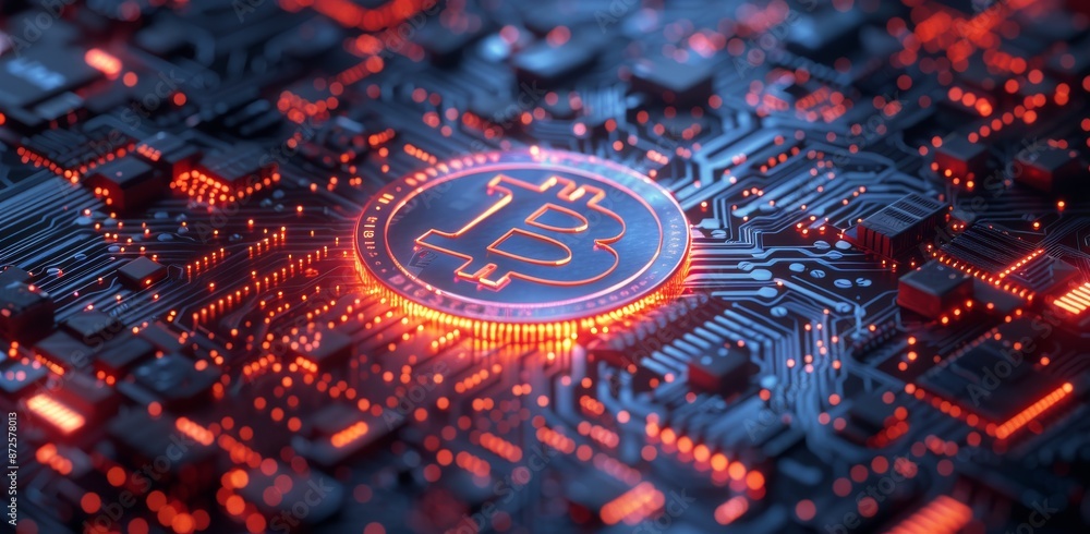 Poster closeup of a bitcoin symbol illuminated on a circuit board
