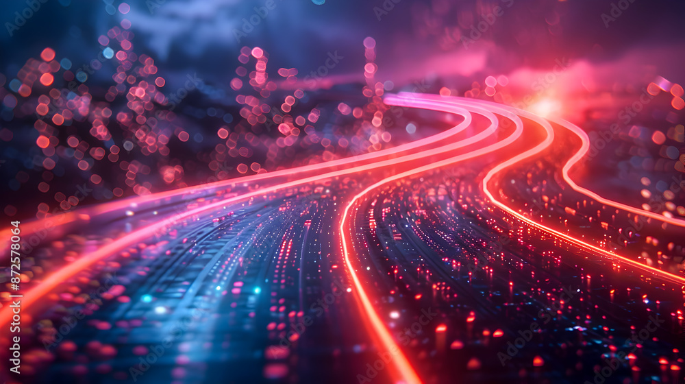 Poster interconnected futuristic cables pulsing with neon light representing a surreal technological enviro