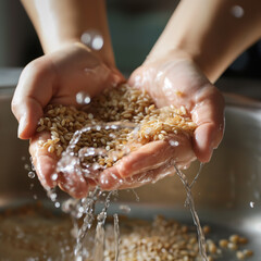 Washing brown rice by hand under running water, with attention to water droplets and rice grain texture, and cooking in the kitchen.