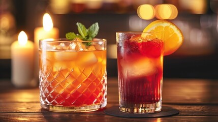 Two drinks on a table, one is a martini and the other is a cocktail