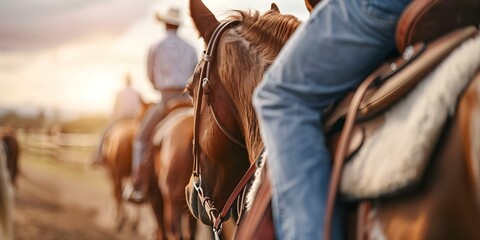 Closeup shot of riders hand holding broncos reins tightly in action. Concept Rodeo, Bronco Riding, Action Shot, Close Up, Equestrian